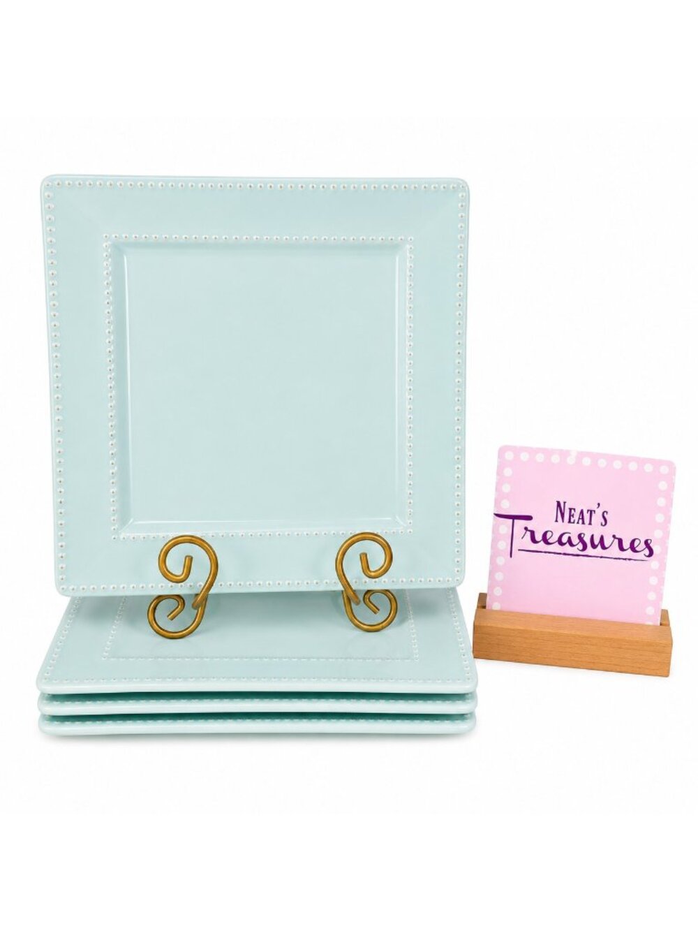 Home Essentials BEADED SQUARE COLLECTION Aqua Beaded Rim Dinner Plates Set of 4